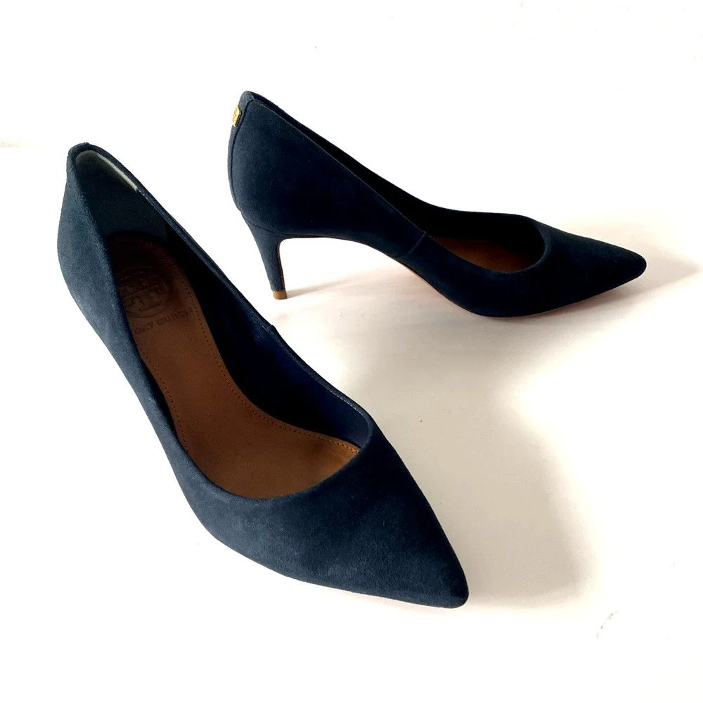 Tory Burch Ivy Low Heel Suede Pump Navy Point Toe Logo Heel Slip On 6 M